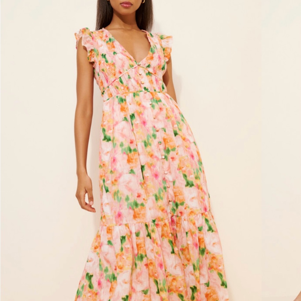 Anthropologie Floral Pink, Orange and Green Midi Dress